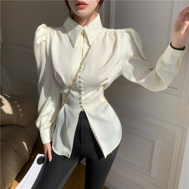 

2023 Brand New Turndown Collar Puff Long Sleeve Women Blouse Slit Back Bowtie Women Slim Work White Summer Tops Blusa Chemise