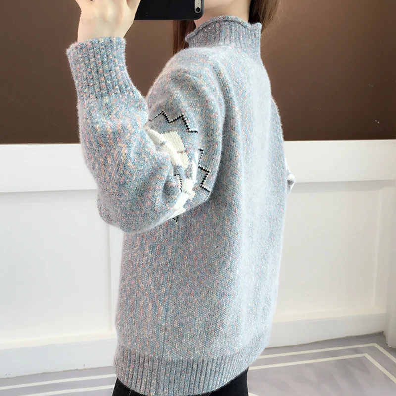 Женский трикотажный свитер в клетку свободный джемпер с воротником хомут и