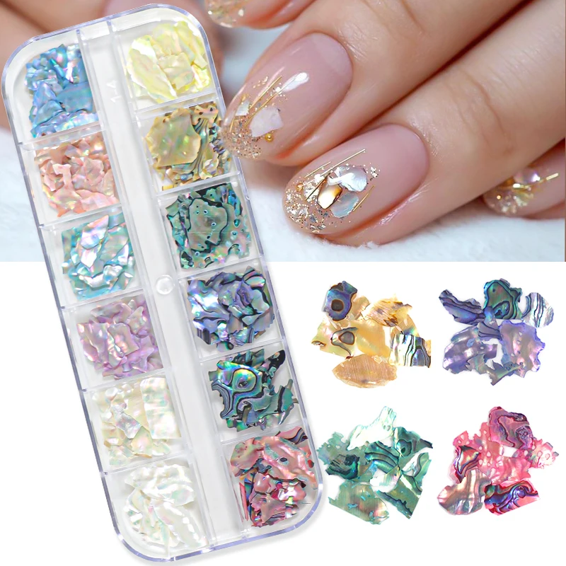 

12 Grids Nail Art Sea Shell Flakes Natural Abalone Irregular Slices Glitter Fragment Texture Polish Sequin Manicure Accessories