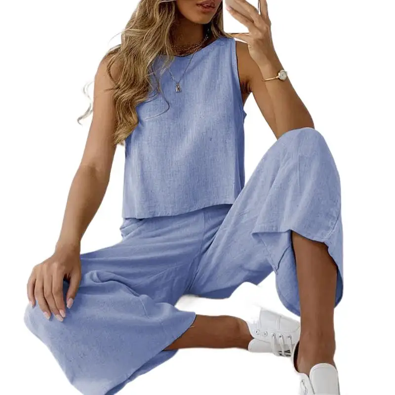 Spring Summer Women Cotton Linen Set Casual Sleeveless O-neck Shirt And Loose Pants Suits Spring Summer Solid Two Piece Sets 3XL
