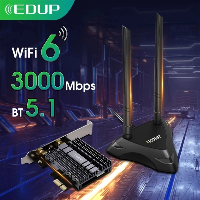 

Двухдиапазонная сетевая карта EDUP, 3000 Мбит/с, PCI Express, Wi-Fi 6, адаптер Intel AX200, Bluetooth 5,1, PCI-E карта с базой для настольных ПК