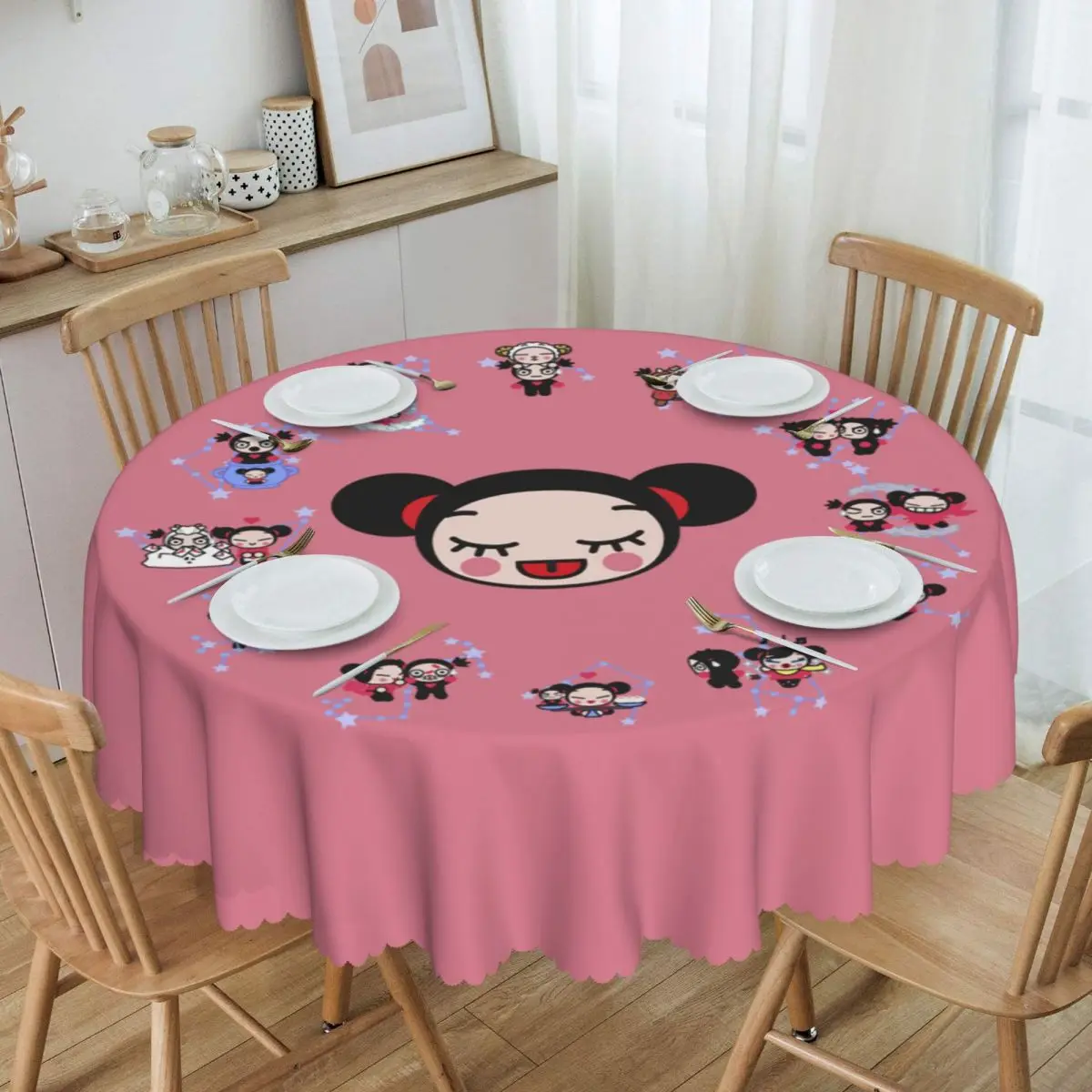 

Round Fitted Cartoon Anima Pucca Table Cloth Oilproof Tablecloth 60 inch Table Cover for Kitchen Dinning