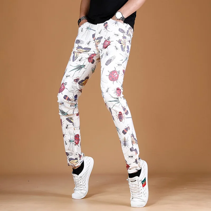 Summer Men White Jeans Fashion Insect Digital Printing Pants Streetwear Casual Straight Slim Fit Denim Trousers CP1632