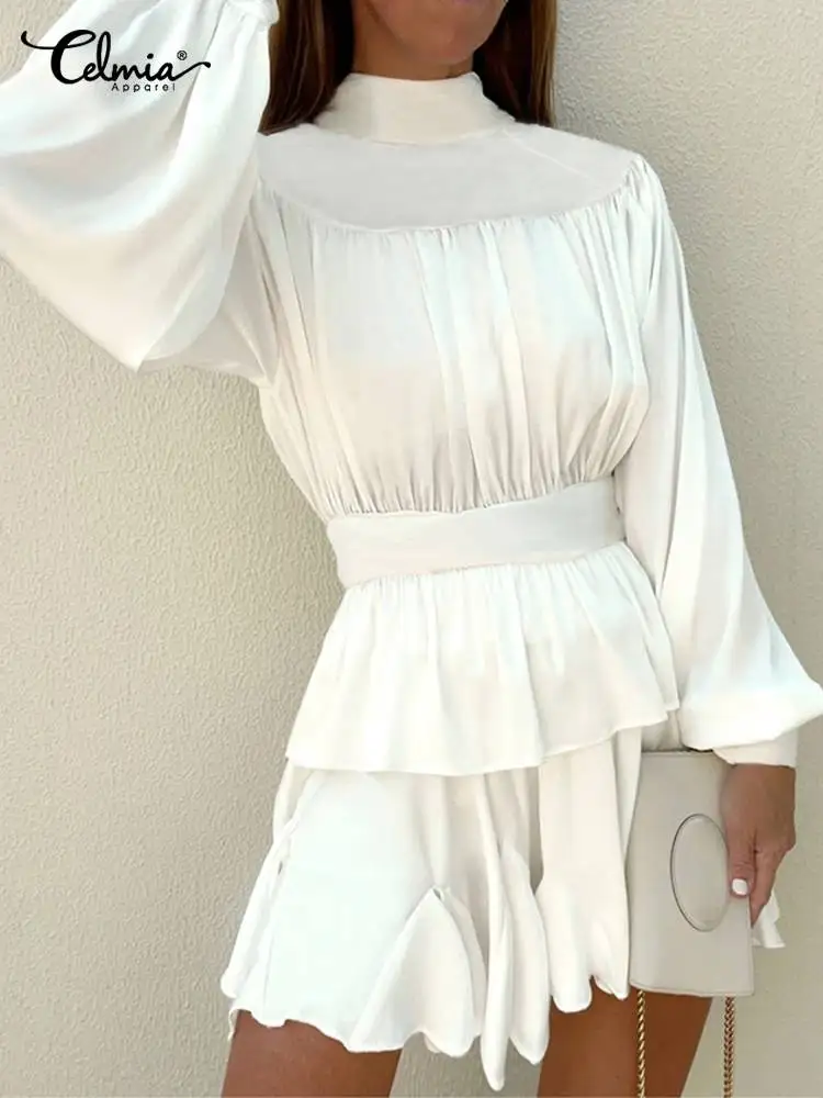 

Атласные халаты Celmia с многослойным подолом, модные короткие платья с высоким воротником, плиссированное платье с пышными рукавами, шикарно...