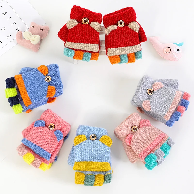 

0-4Y Baby Gloves Cute Cartoon Animal Cotton Keep Warm Thick Girl Winter Half Finger Kid Fingerless Flip Mitten Christmas Gift