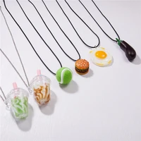 funny ice cream milky tea poached egg hamburger eggplant pendant necklace for women men trendy leather rope necklaces jewelry