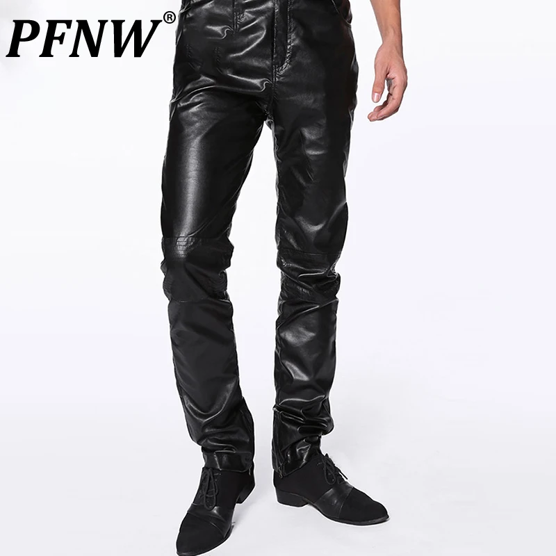 

PFNW Spring Summer Men's Slim Fit Leather Pants Fashion Tide Niche Design Chic Casual Darkwear Cool PU Techwear Trousers 12A4679