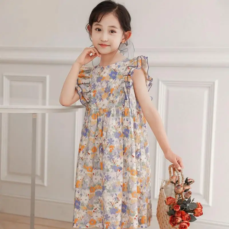 

2023 Spanish Style Summer Floral Dress for Child Girl Infants Butterfly Sleeve Print Cotton Dresses Children Princess Frocks