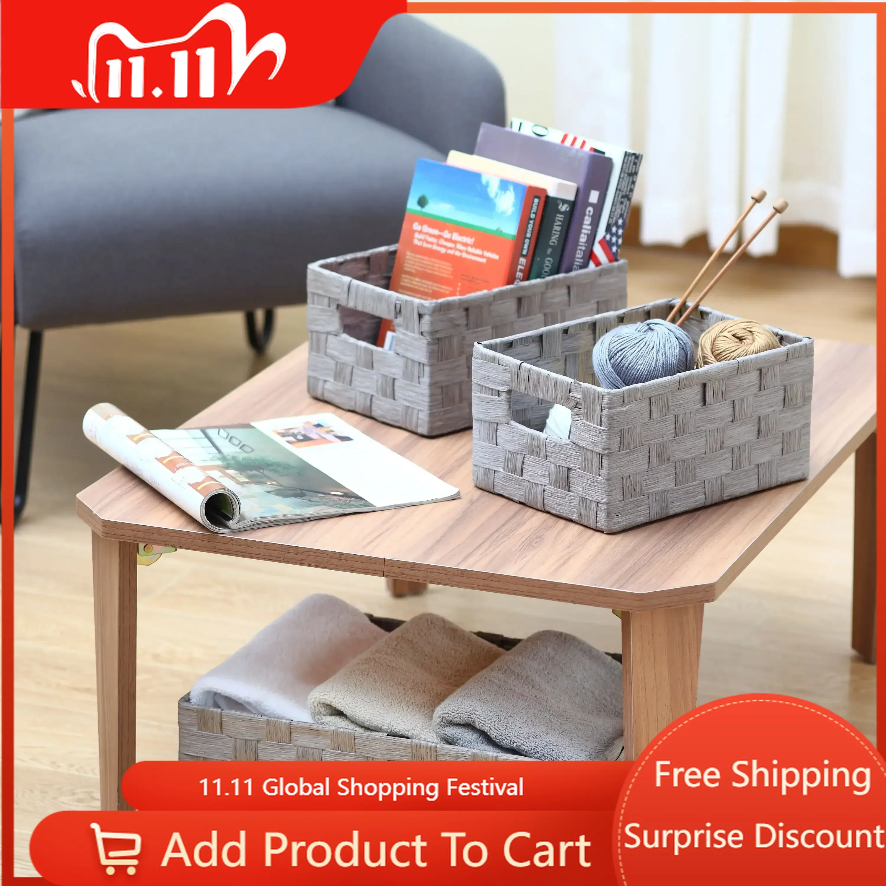 

Free Shipping Grey Paper Rope Storage Basket Set with Handles, 3 Piece