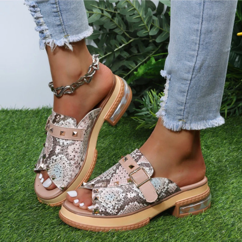 

New Sandals Women Shoes Snake Print Classic Casual Vacation Daily Open Toe Rivets Monk Buckle Comfortable Sandals Plus size 43