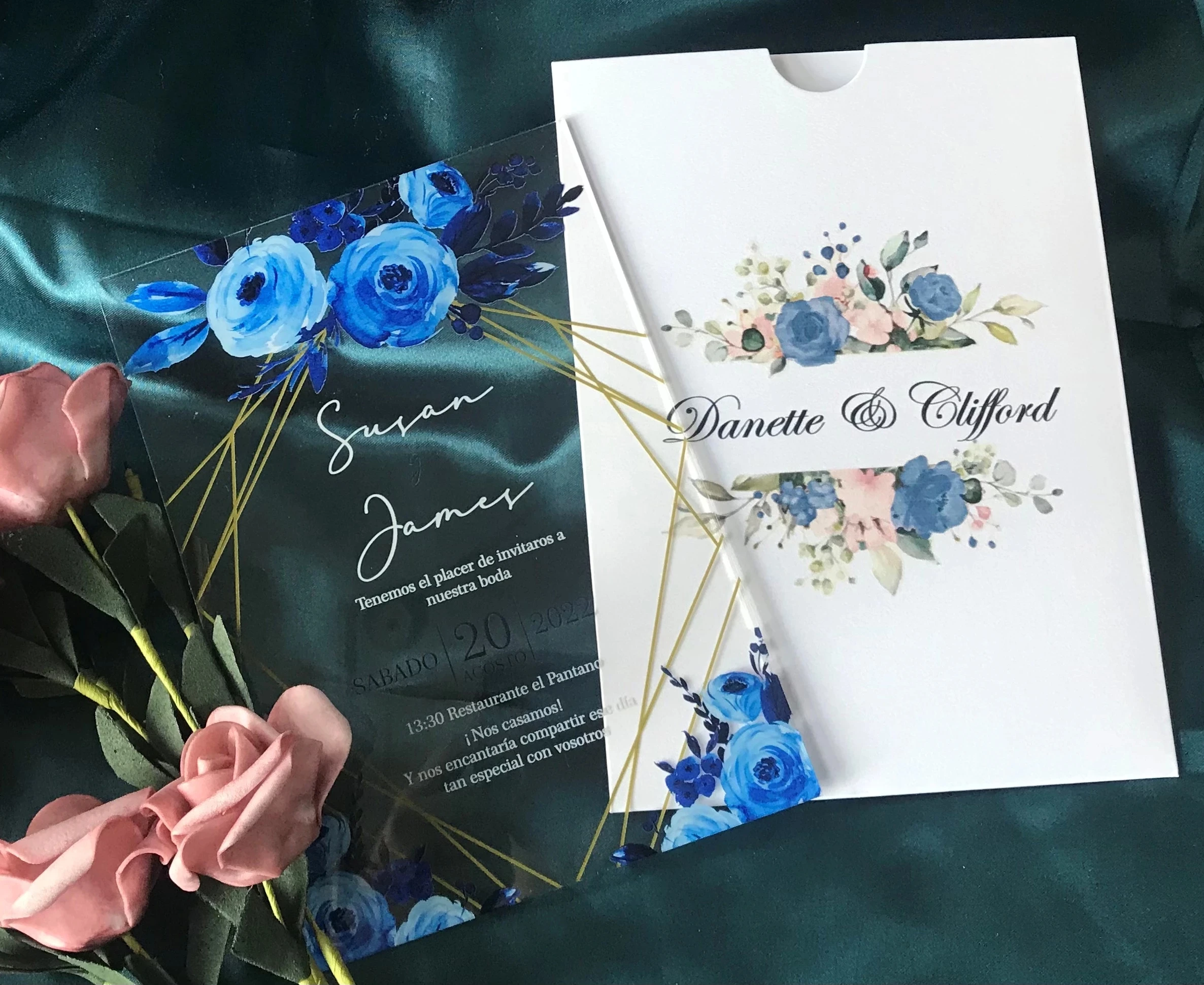 

10pcs with White Pocket Envelop Blue Flower Wedding Invitation Cards Birthday Theme 16years Design