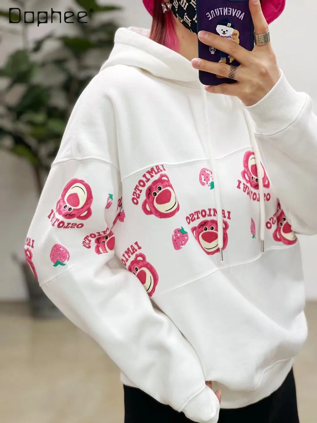 Cotton Washed Printed Cartoon Bear Embroidery Thickening Fleece Hoodies Women's 2023 Spring New Hooded Pullover Sweatshirts