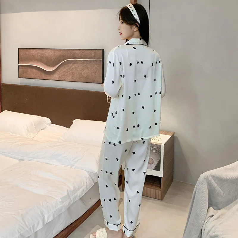 Pajamas for Women Spring and Summer Love Heart Print Thin Long-sleeve Cardigan Trousers Silk Casual Sleepwear Suit with Lapel