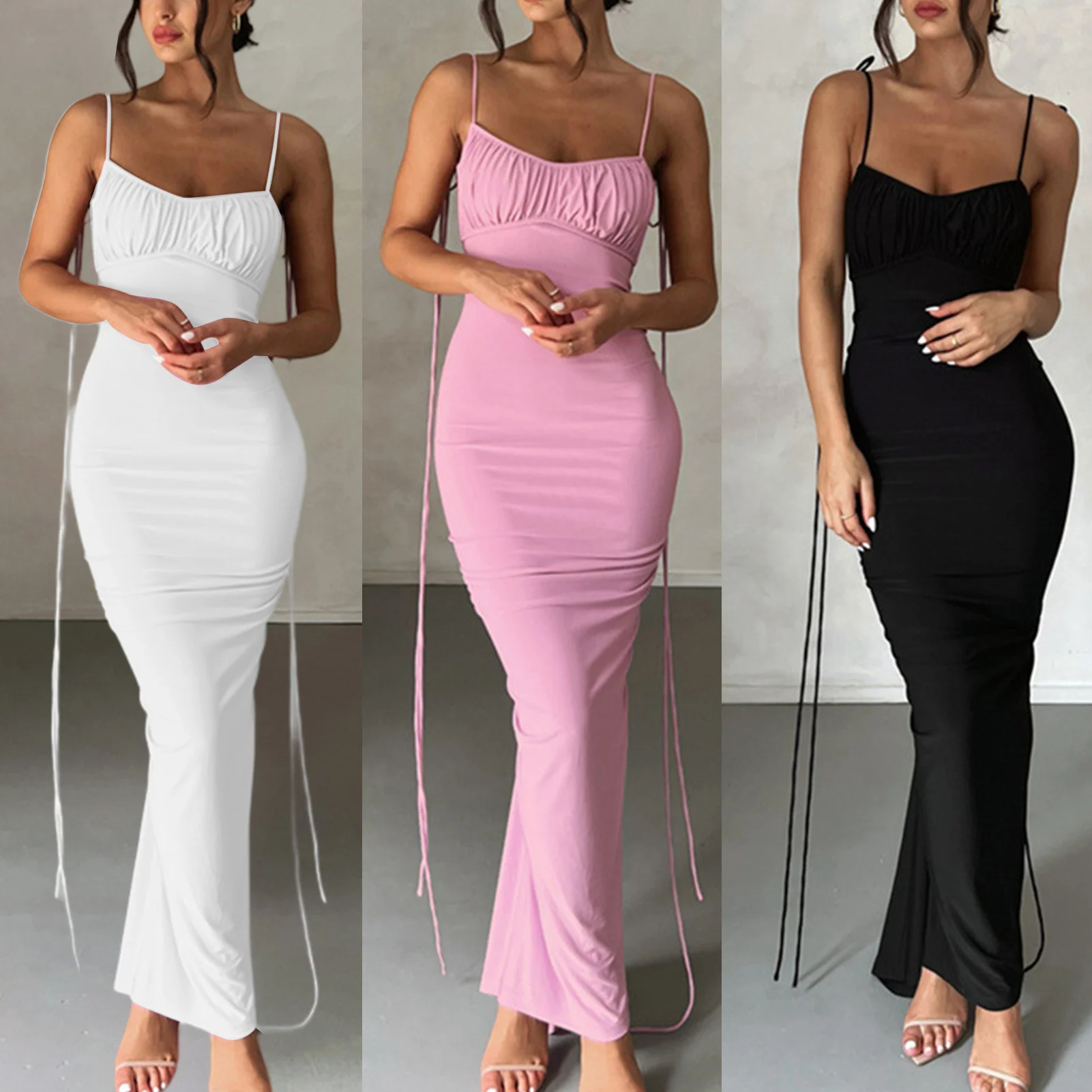 

Women Sleeveless Backless Dress Pleated Lace Up Cocktail Sling Dresses Summer Elegant Fashion Temperament Sexy Clubwear 2023