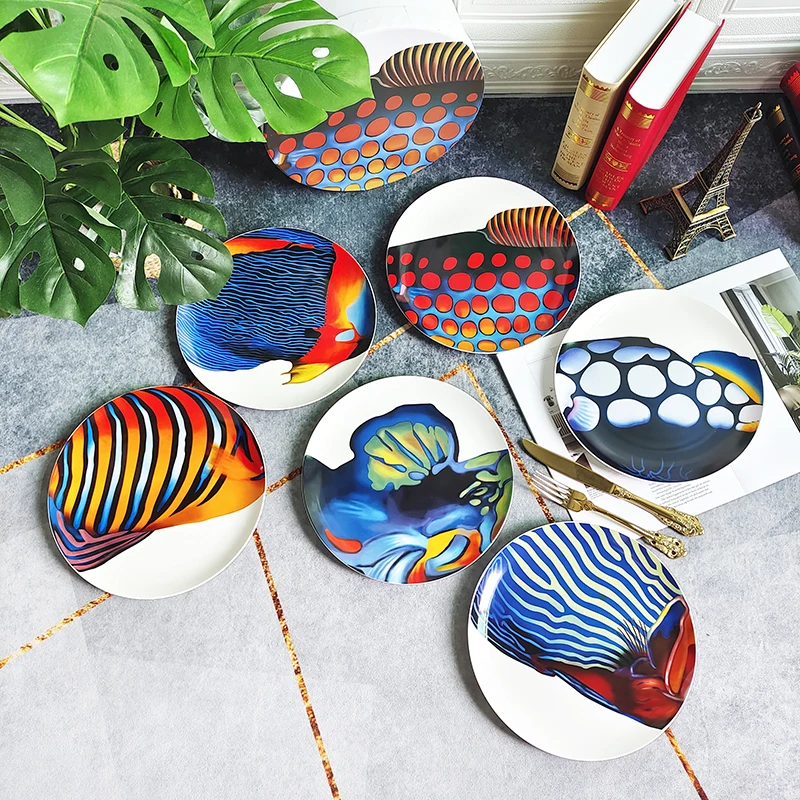 

New ceramic western food plate set deep sea fish series European hotel pendulum inventory heart plate gift box