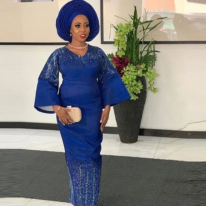 

Женское вечернее платье с бусинами, темно-синее платье с длинными рукавами и аппликацией, Африканское платье для выпусквечерние вечера