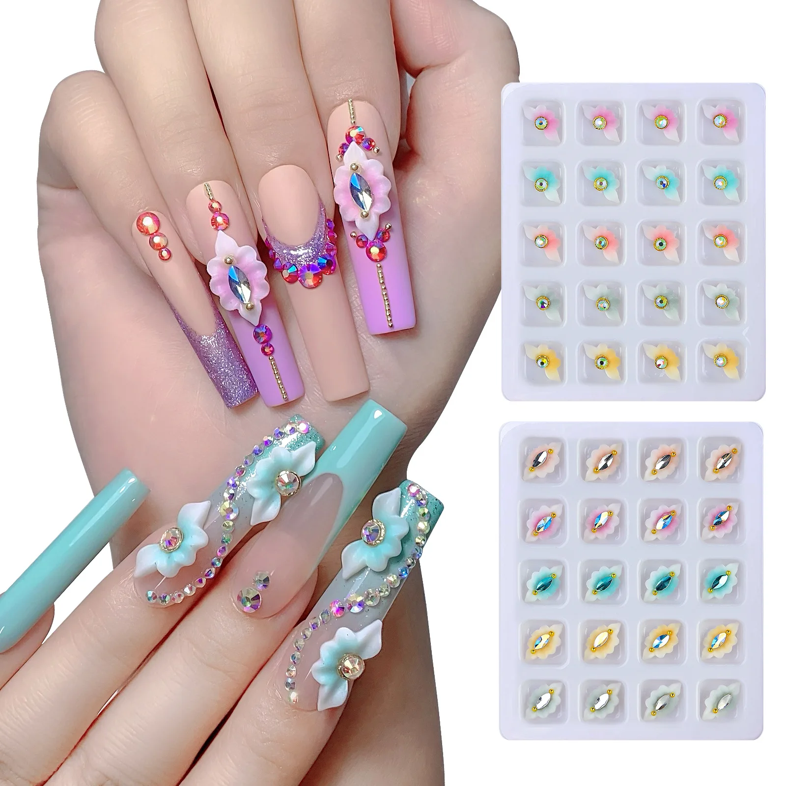 

20 Pcs Flowers Shape Acrylic Nail Art Rhinestone High Quality Nail Jewelry Set DIY 3D Manicure Decorations
