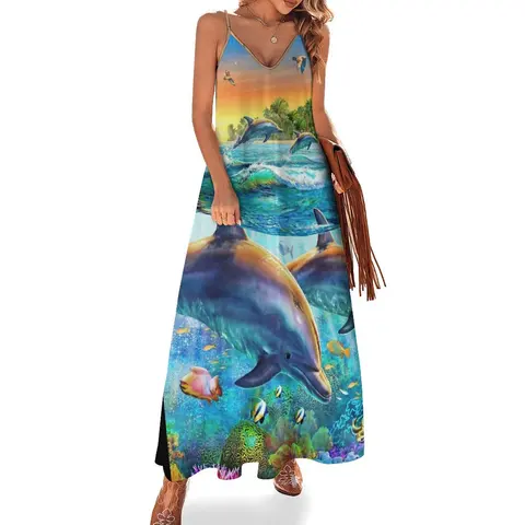 Женское платье без рукавов с дельфином и морской тематикой, элегантное модное платье