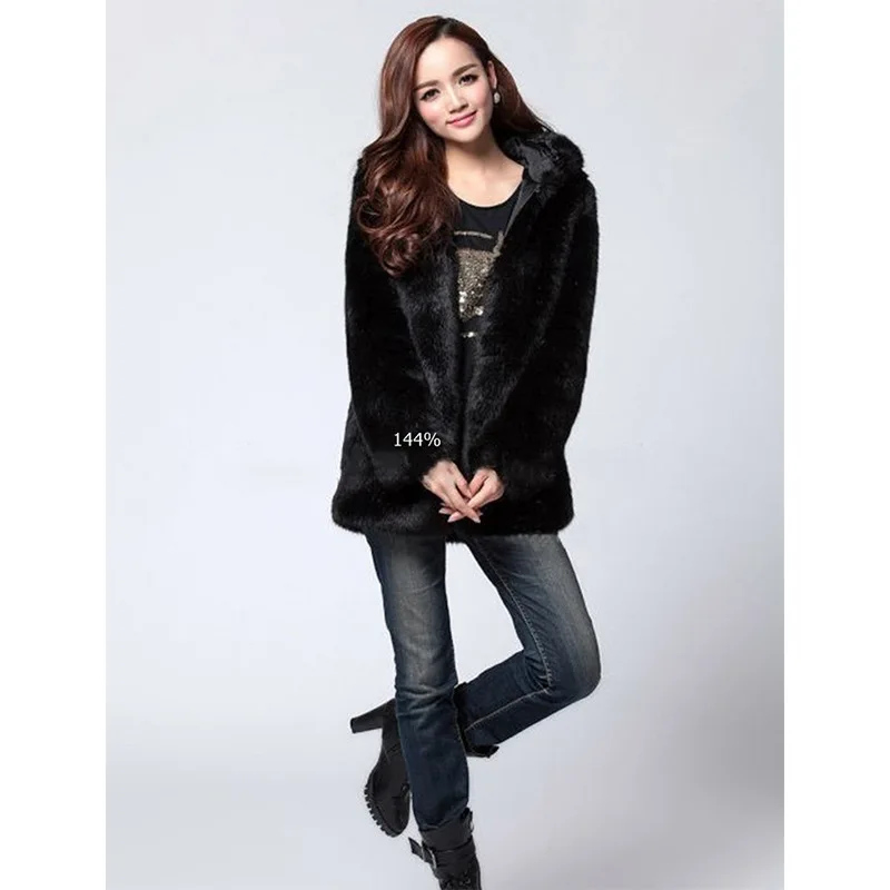 Autumn and Winter Women's Leather Fur Coat Hooded Casual Imitation Rabbit Fur Coat Warm and Loose Overcoat Women Faux Fur Coat