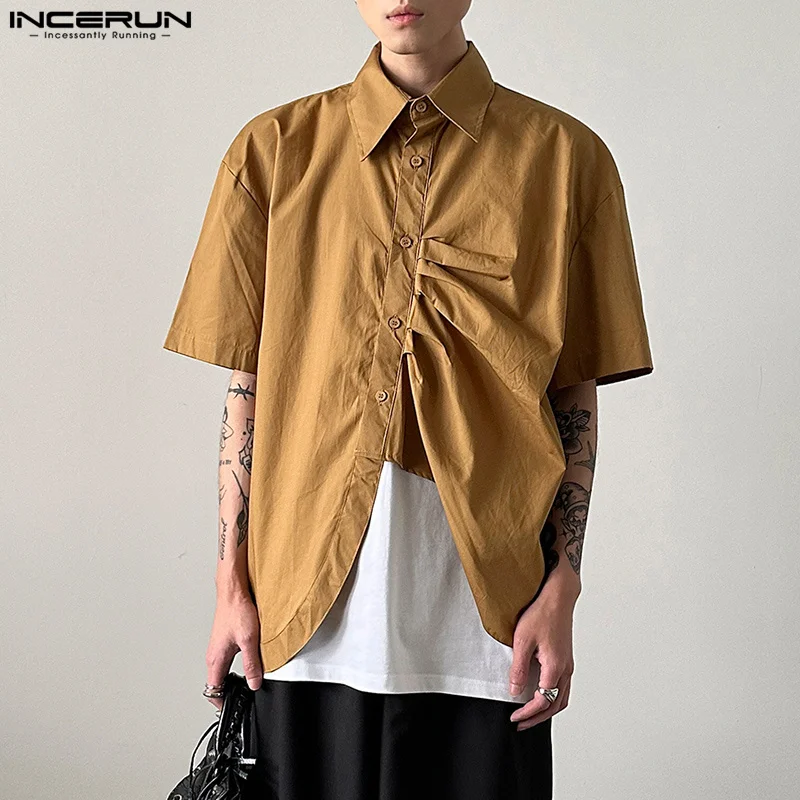 

2023 Men Shirt Solid Color Lapel Short Sleeve Summer Button Men Clothing Streetwear Pleated Casual Irregular Shirt INCERUN S-5XL