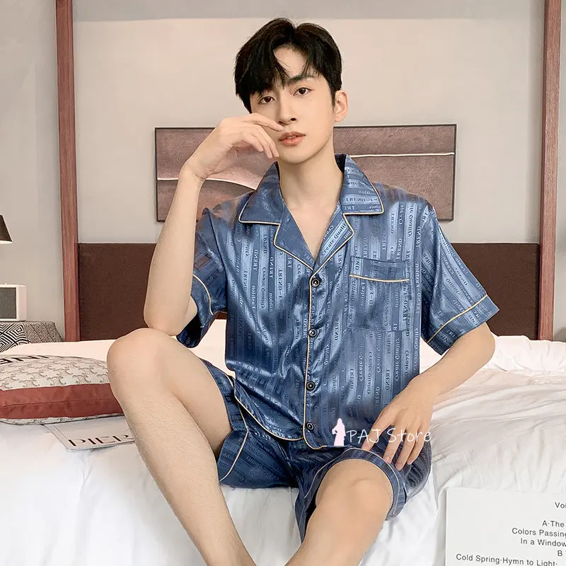 1 Set Men Silk Pajama set Big Size Sleepwear Summer Short Sleeved Home Wear Silk Pajamas Set for Homewear Pj Set M-5XL