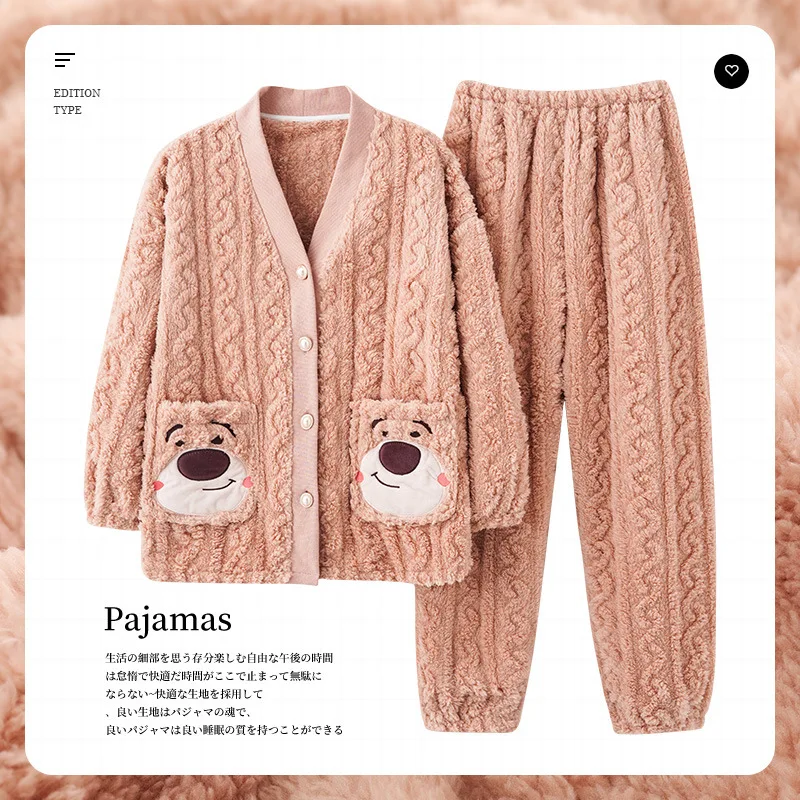 Winter New Coral Velvet Pajamas Women& V-neck Cardigan Warm Flannel Lovely Cartoon Cashmere Home Wear Nightclothes For Girls