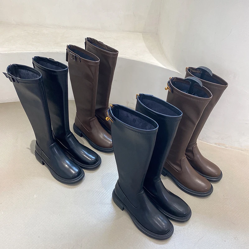 

Round Toe Women Knee High Boots Black Brown 2022 New Arrivals Martin Boots Elastic Band Side Zipper Party Pumps Flat Heeled 39