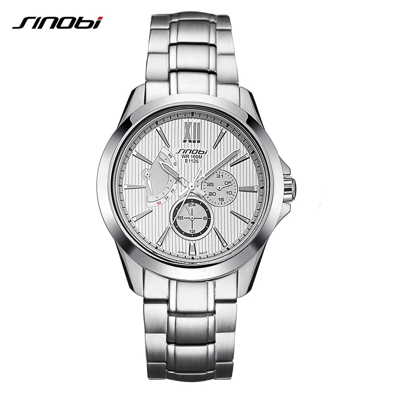 SINOBI Full 316L Stainless Steel Men's Watches Geneva Design 100 M Waterproof Mans Quartz Wristwatchs Calender Relogio Masculino