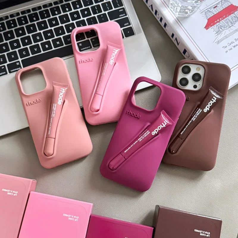 With Box DIY Rhode Phone Case for iPhone 16 15 14 13 12 11 Pro Max Plus Lipstick Portable Lip Gloss Holder Soft Silicone Cover