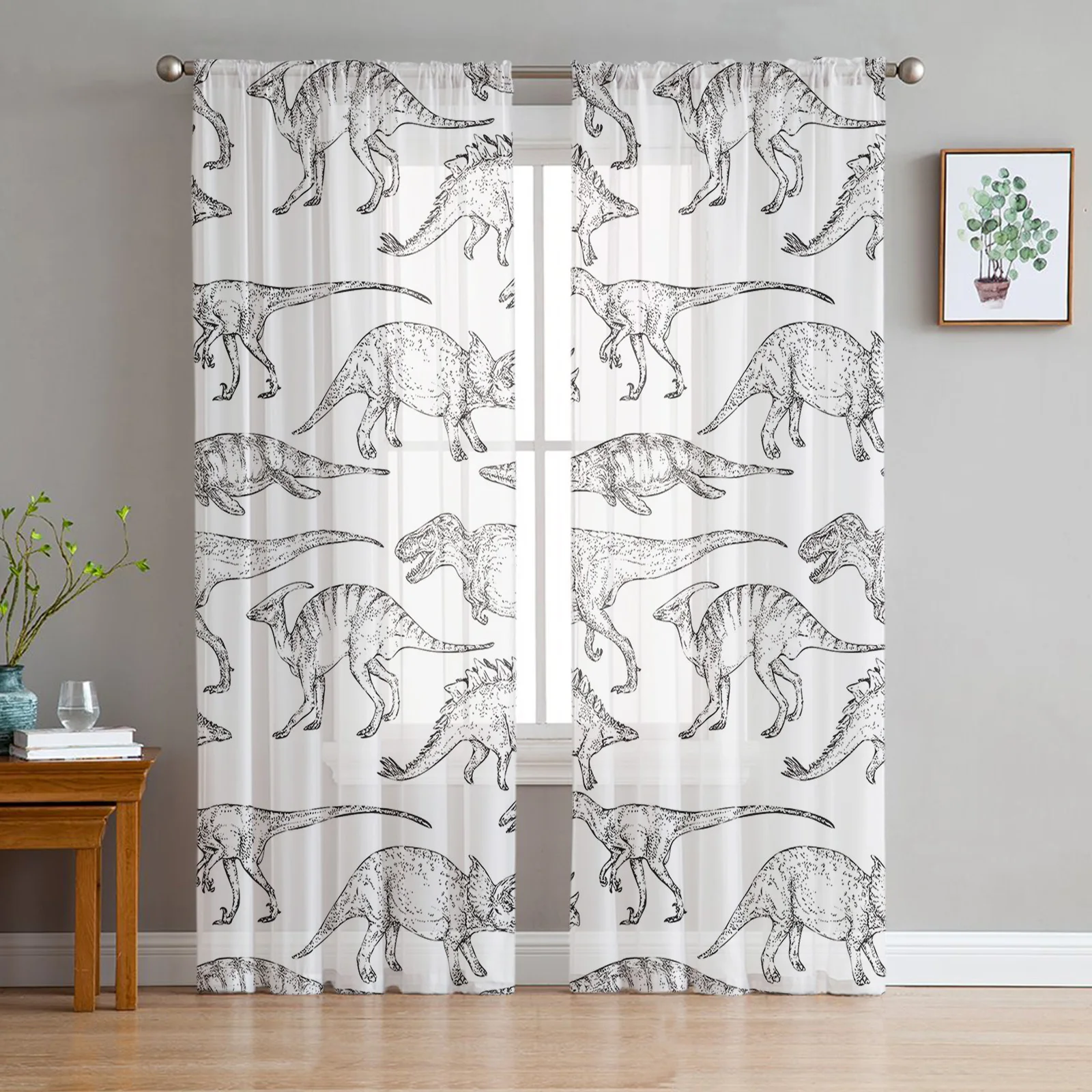 

Hand Draw Dinosaur White Tulle Sheer Curtains Living Room Decoration for the Room Bedroom Kitchen Voile Organza Curtains