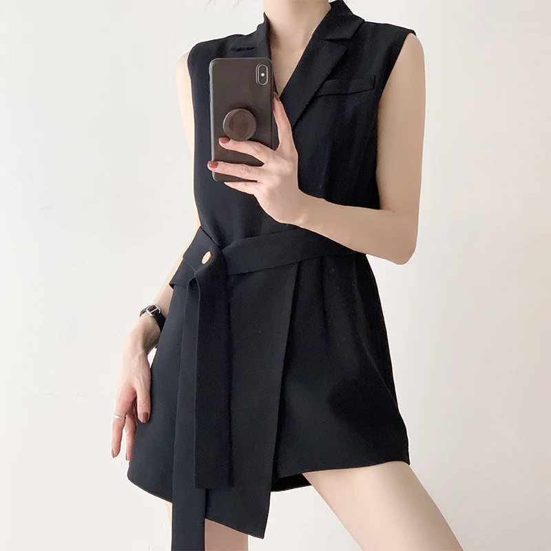 2023 Summer New Suit Jumpsuit Korean Fashion Slim Irregular Solid High Waist Casual Women's Belt Black Short Jumpsuit