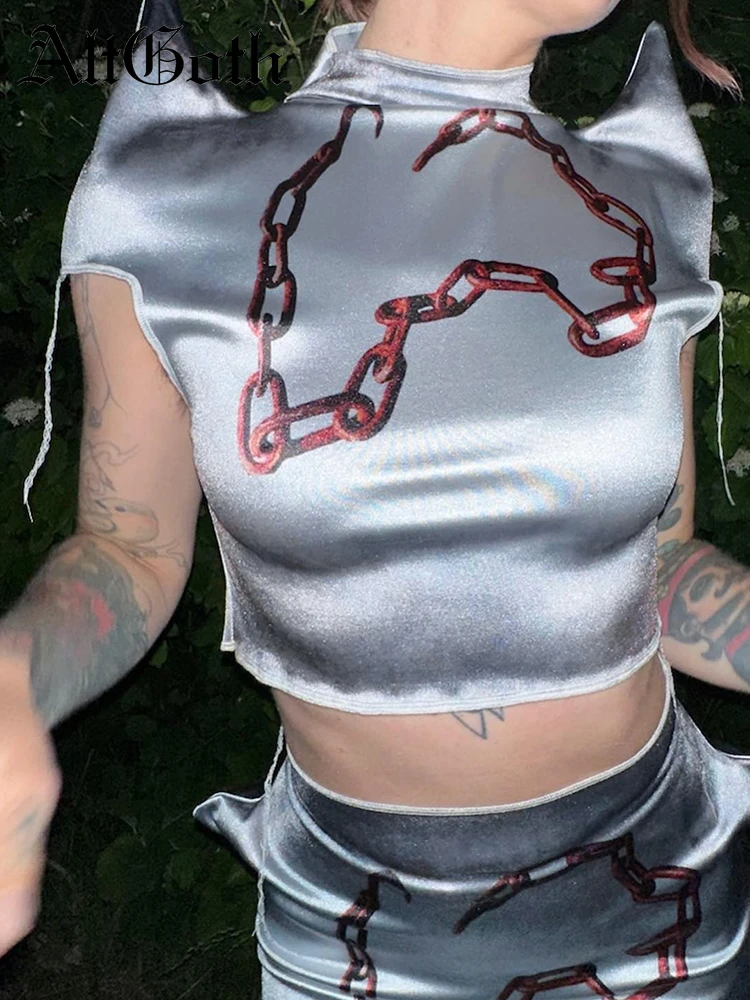 

AltGoth Harajuku Cyberpunk Sliver T-shirt Women Mall Goth Streetwear Y2k Horn Shoulder 3D Chain Print Short Sleeve Crop Tee Tops