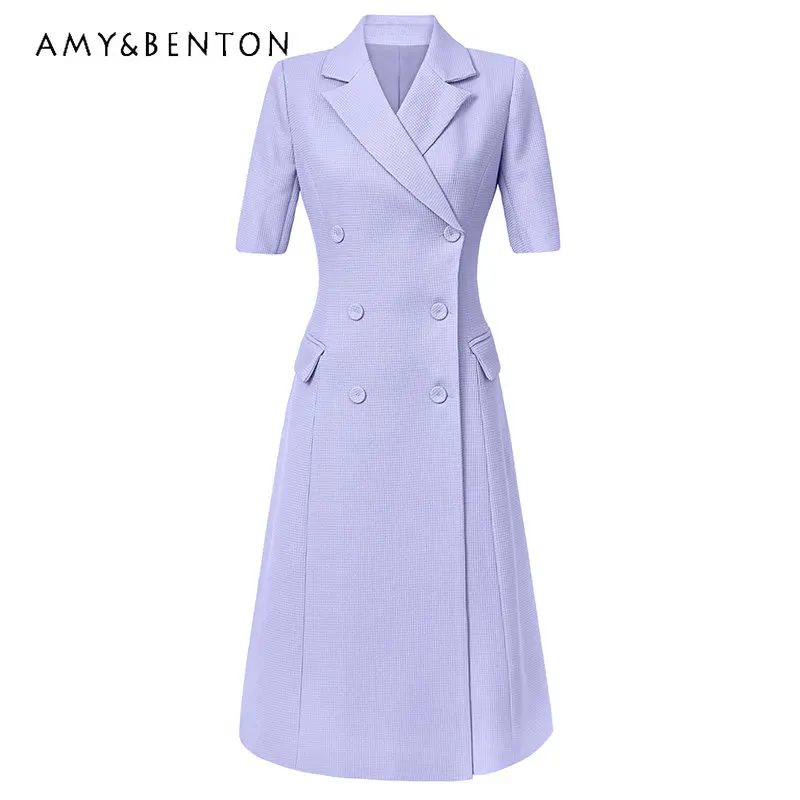 2023 Spring Summer New Double-Breasted Hot Silver Ol Commuter Waist Slimming A- Line Heavy Industry Suit Dress Women's Dress