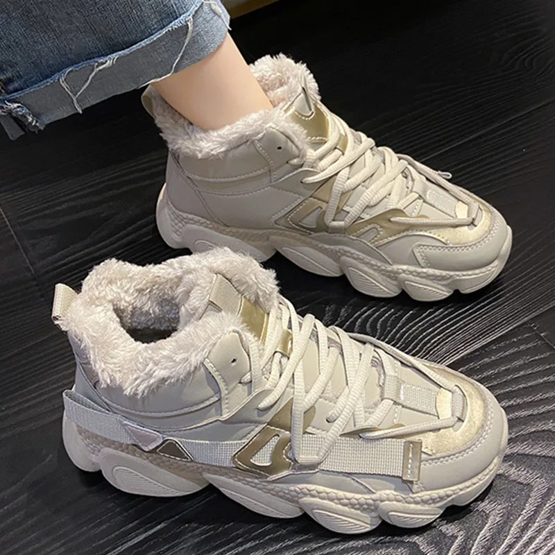 

Женские теплые высокие кроссовки, модная повседневная хлопковая обувь на платформе со шнуровкой, женские черные спортивные короткие ботин...