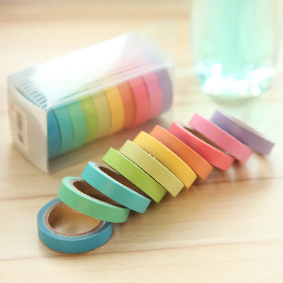 

10PCS/box Washi Tape Rainbow Solid candy Color Japanese Masking tape Sticky Paper Adhesive DIY Scrapbooking Deco Lot Easy tear