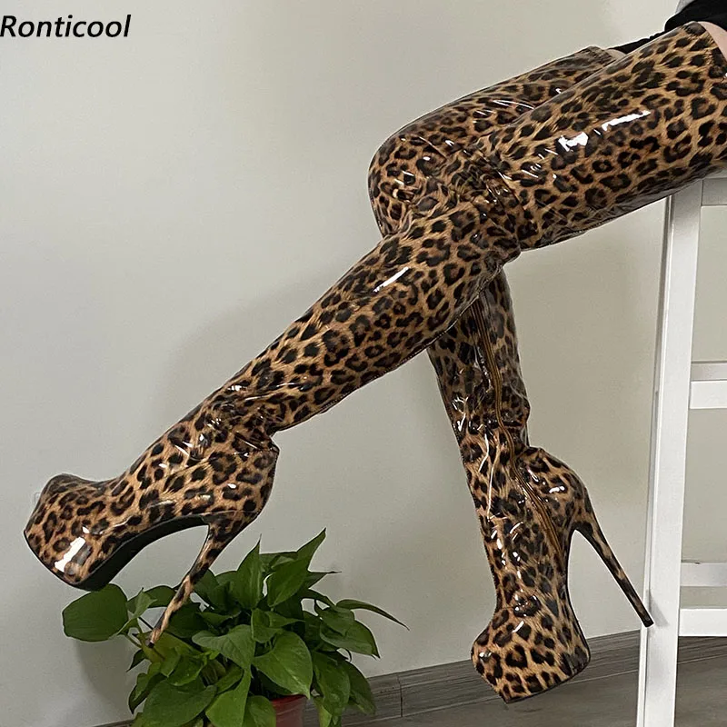 Ronticool Handmade Women Thigh Boots Patent Leather Side Zipper Thin High Heels Round Toe Leopard Club Shoes Women Us Size 5-20