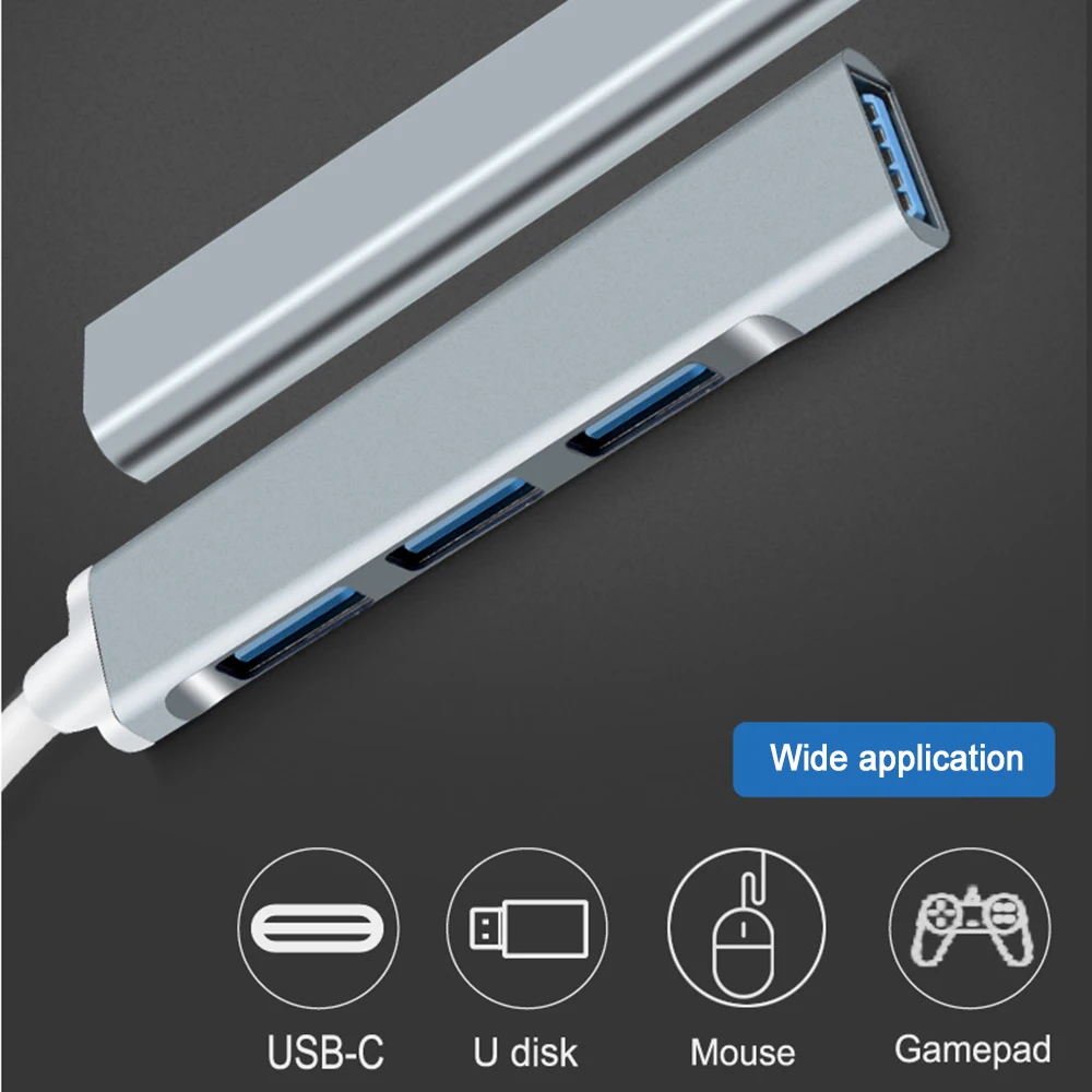 Фото Мини-USB-концентратор типа C, 4-портовый адаптер USB 3.0, мульти-сплиттер, док-станция 4 в 1, ультратонкая сверхскоростная алюминиевая док-станция для портативных ПК №5