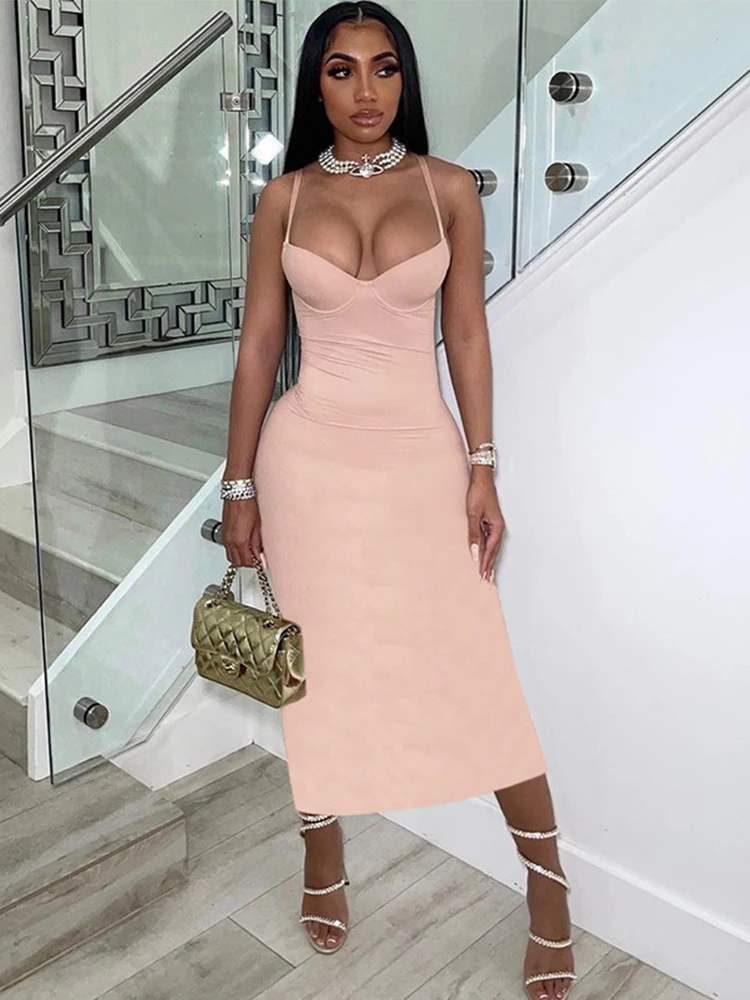 

Sexy Women Party Dresses Women's Summer Midi Dress V Neck Female Slim Robe Suspenders Solid Evening Robe Bodycon Fashion Vestido