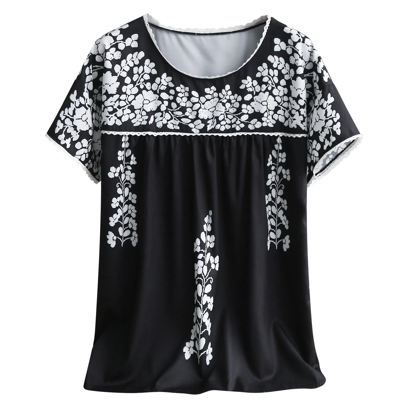 

Vintage Women's Summer Floral T Shirt Tops Short Sleeve Black Graphic T-shirts Blusas Clothes