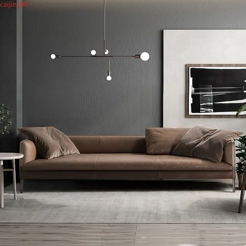 

Private custom Italian minimalist leather sofa, leather top layer, three person light luxury Nordic small and medium-sized livin