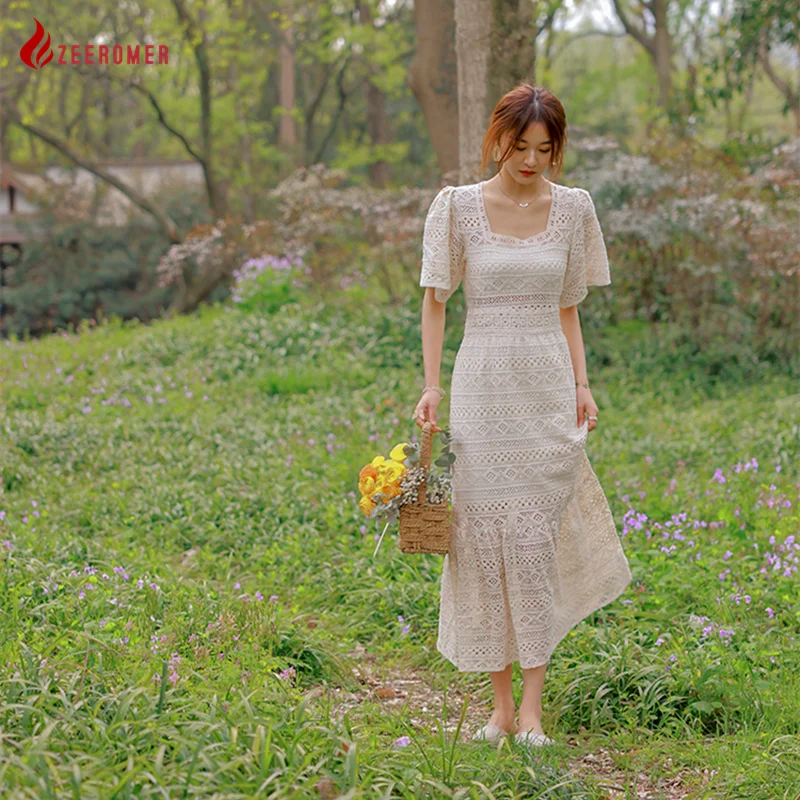 

Женское кружевное платье-русалка, элегантное тонкое бежевое платье миди с квадратным вырезом и поясом в Корейском стиле, праздничное пляжн...