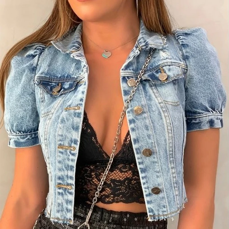 

Retro Distressed Crop Denim Jacket Casual Ripped Single Breasted Puff Sleeve Short Coat Women Slim Short Sleeve Fashion Jackets