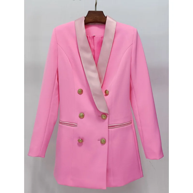 Creative 2023 Newest Designer Blazer Jacket Women's Lion Buttons Double Breasted Satin Shawl Collar Long Brazer