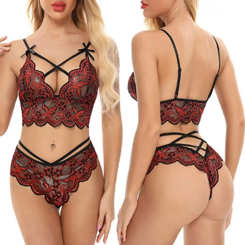 

Erotic Lingerie Sets For Woman Sexy Bowknot Push Up Bra & Brief Set Perspective Sleepwear Lace Strappy Underwear Bra Set Female