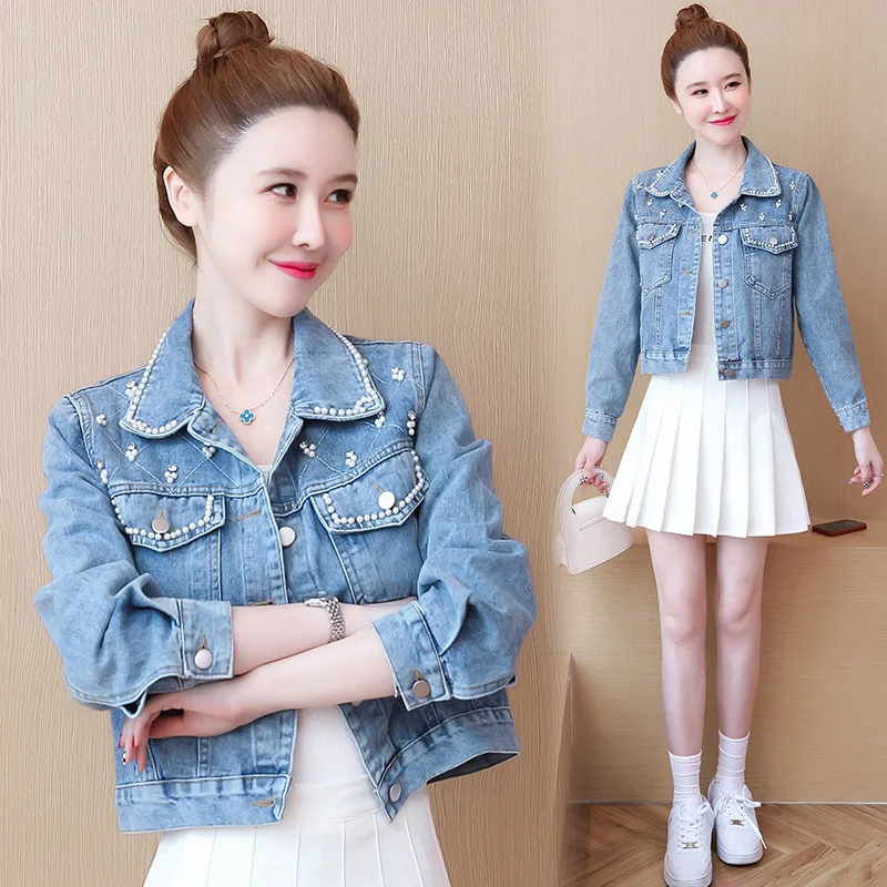 

Демисезонная коллекция 2023 года, женская маленькая джинсовая куртка с шипами, новая Корейская версия приталенного свободного пальто с бисером.
