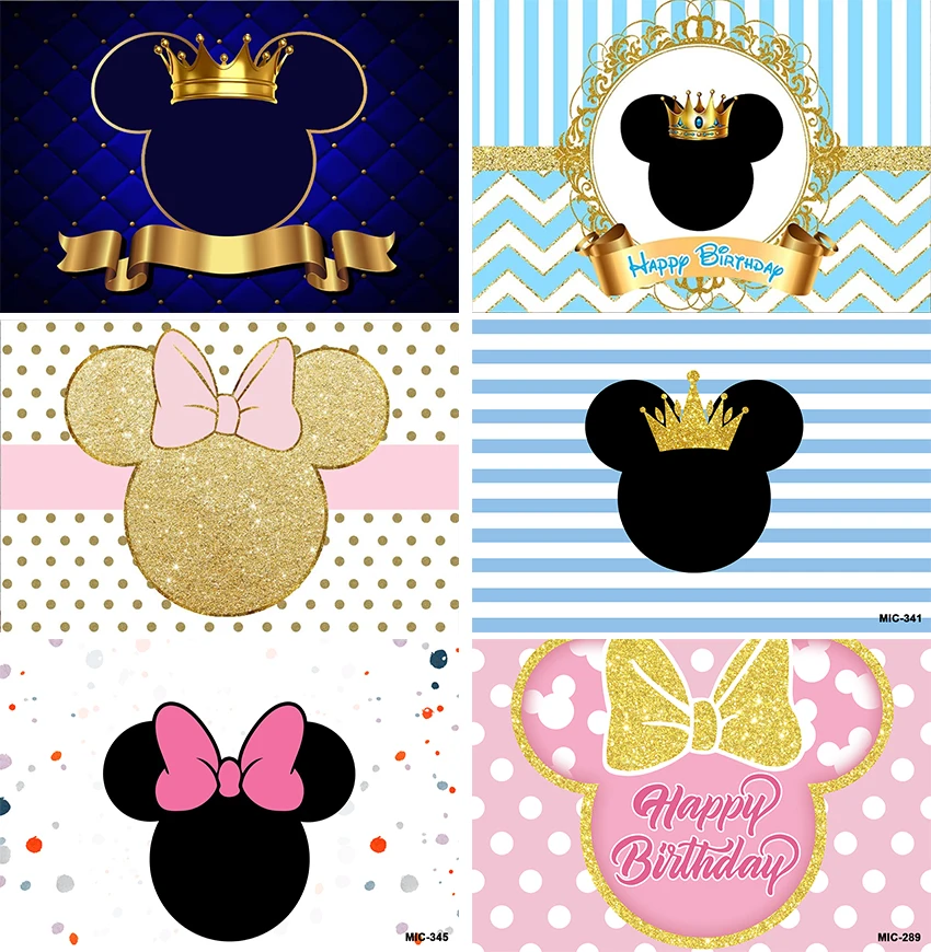 

Royal Blue Pink Mickey Minnie Backdrop Birthday Party Baby Shower Gold Cartoon Prince Boy Photography Background Photo Booth