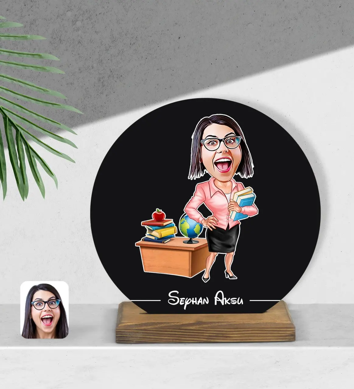 

Personalized women teacher cartoon round wooden Biblo-5