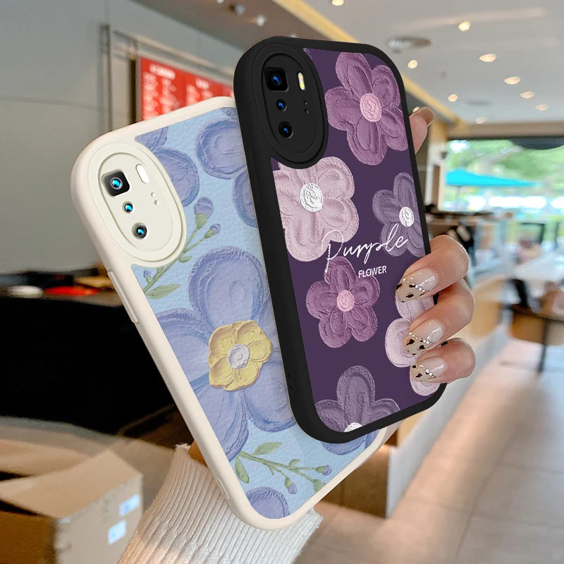 

Purple Oil Painting Flowers Lambskin Phone Case for Poco X3 GT NFC Pro X4 GT NFC Redmi Note 10 Pro China Note 11 11T Pro Plus 5G