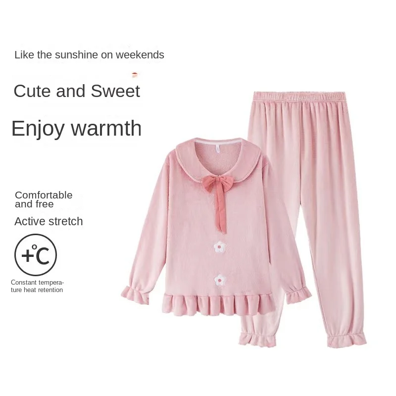 Autumn Winter Warm Flannel Pajamas for Women Students Cute Velvet Thicken Loose Sleepwear Set Coral Velvet Floral Pajamas