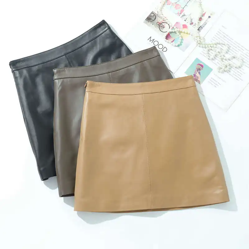 Sheepskin Genuine Leather Skirt Women's 2022 Spring A-Line High Waist Short Skirt Slim Bodycon Sexy Office Womens Skirts C8126